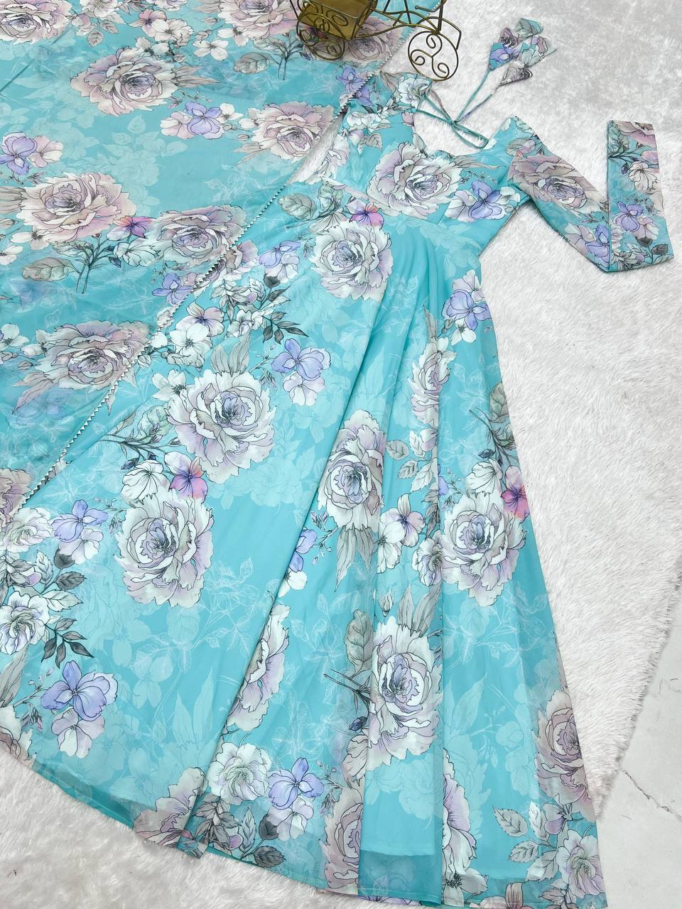 Evanik Skyblue Georgette Floral Print Fully Flair Gown Dupatta Ready To Wear