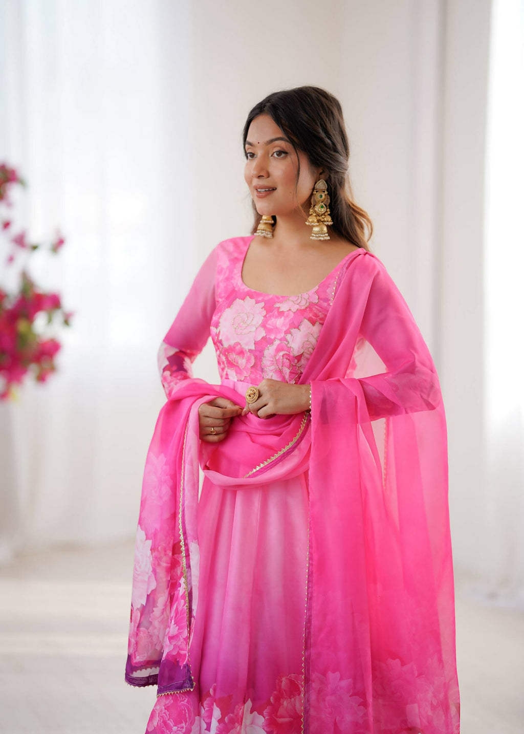 Teeya Creation Womens New Organza Soft Taby Silk Heavy Quality Fabric With Digital Print Pink Gown Set