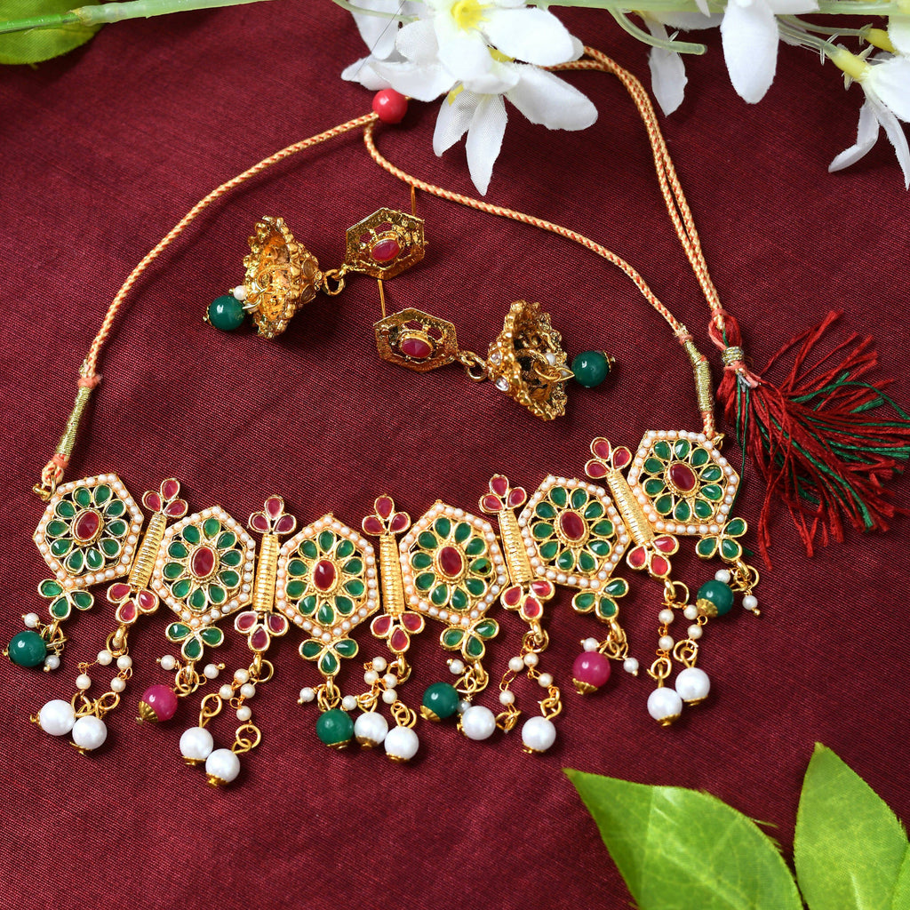 Mominos Fashion Johar Kamal Women Gold-Polished Brass Finish Meena & Pearls Work Choker