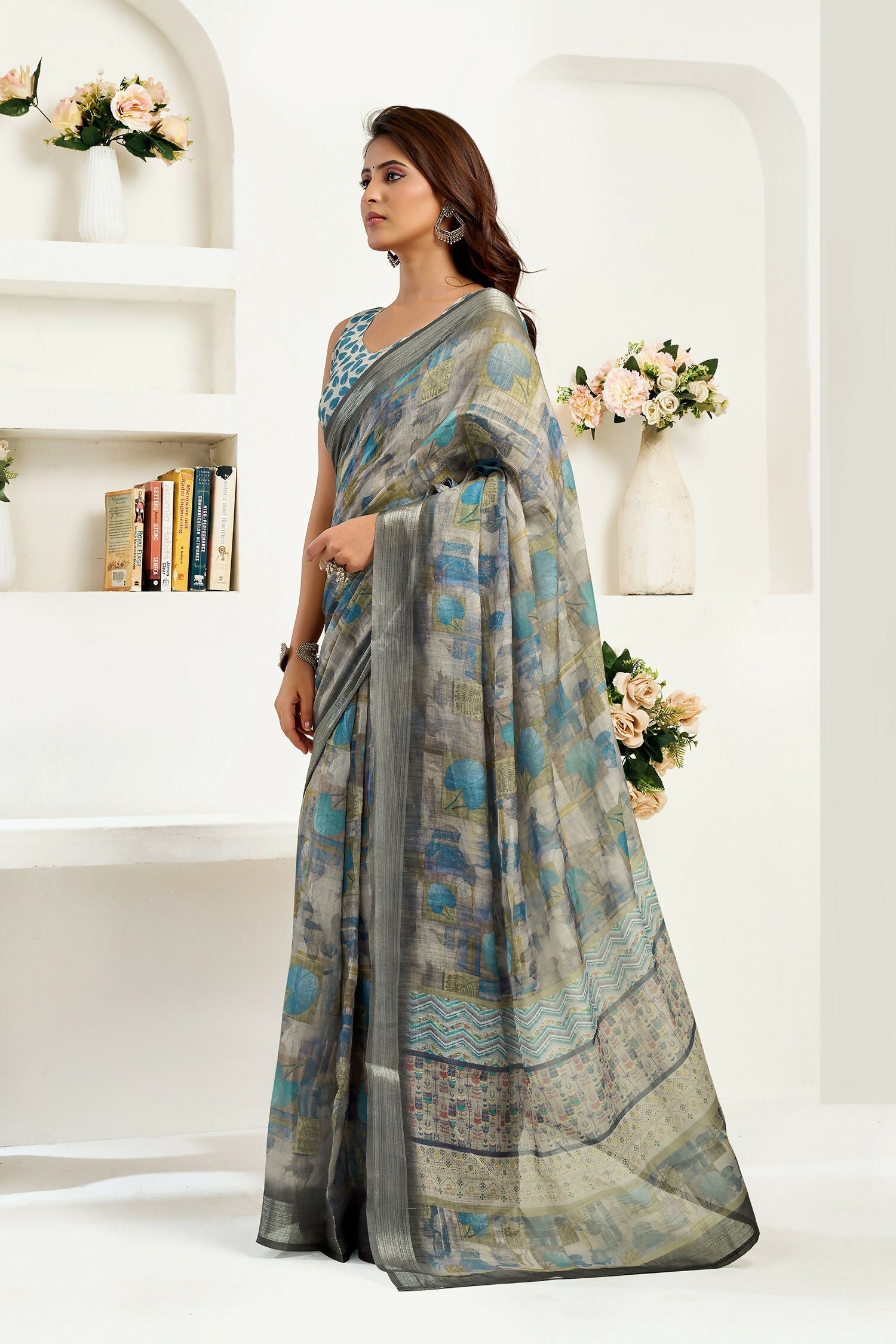 Joban Fashion  Dusty Brown Floral & Ethnic Motifs Linen Ready To Wear Saree With Unstitched Blouse