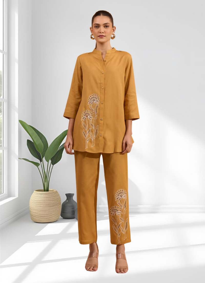 Joban Fashion Coral Cotton, Linen Embroidered Readymade Cord Set