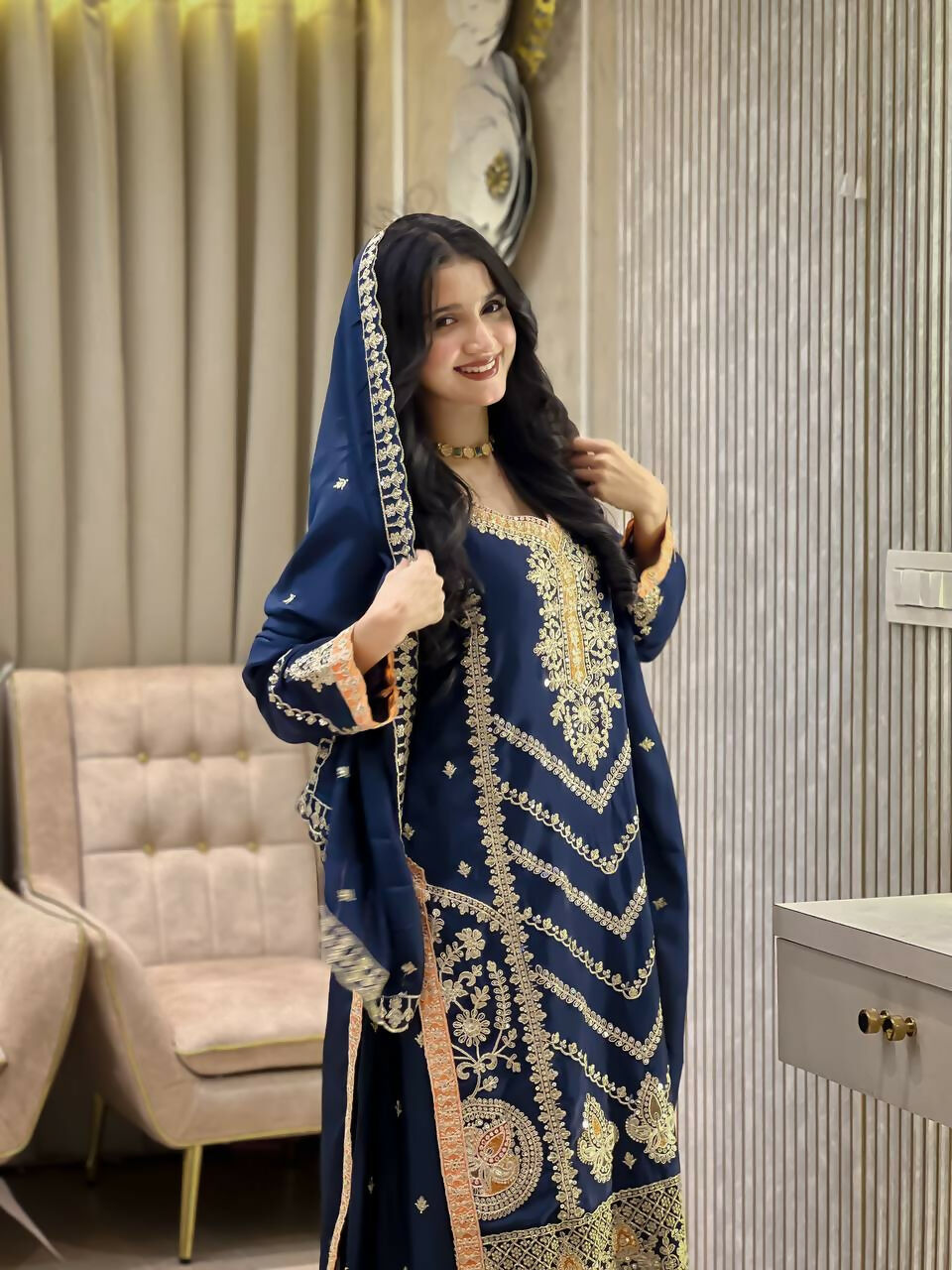Teeya Creation Blue Color Chinon Silk Party Wear Trending Palazzo Set