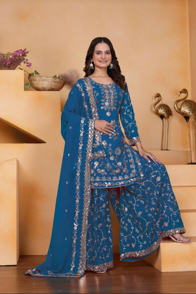 Lehenga Mart Designer Sharara Suit With Kurta, Sharara, Dupatta For Women-Teal Blue