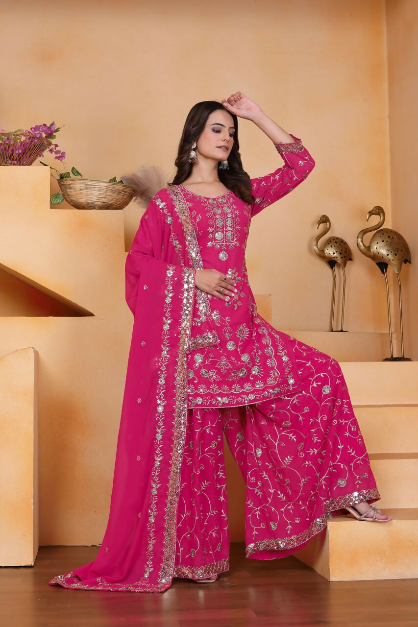 Teeya Creation Pink Color Faux Georgette Embroidery Work Wedding Wear Palazzo Set