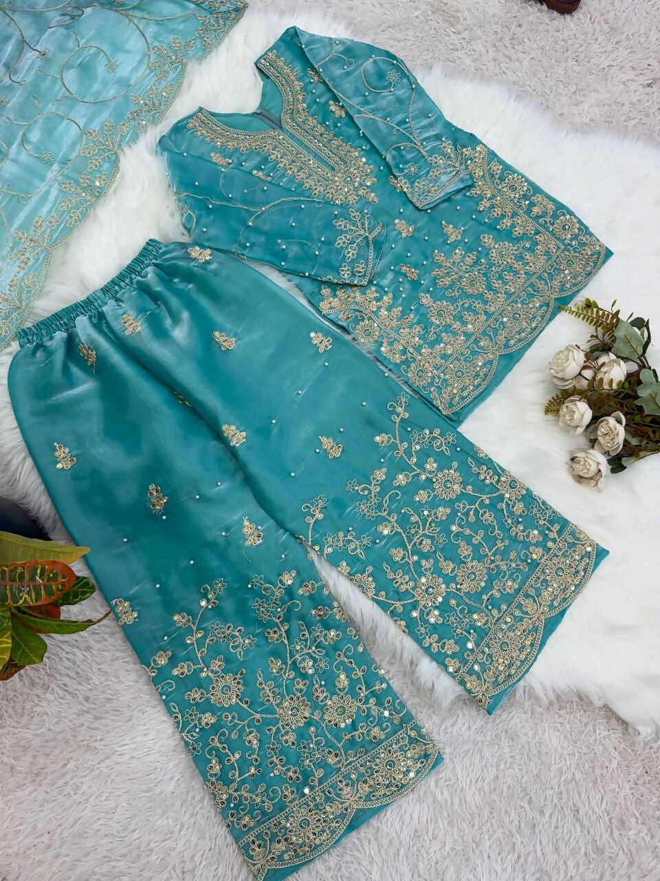 Teeya Creation Girls Heavy Embroidery Turquoise Ethnic Kurta And Palazzo Set With Net Dupatta