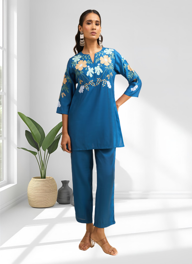 Joban Fashion Teal Silk Embroidered Readymade Cord Set