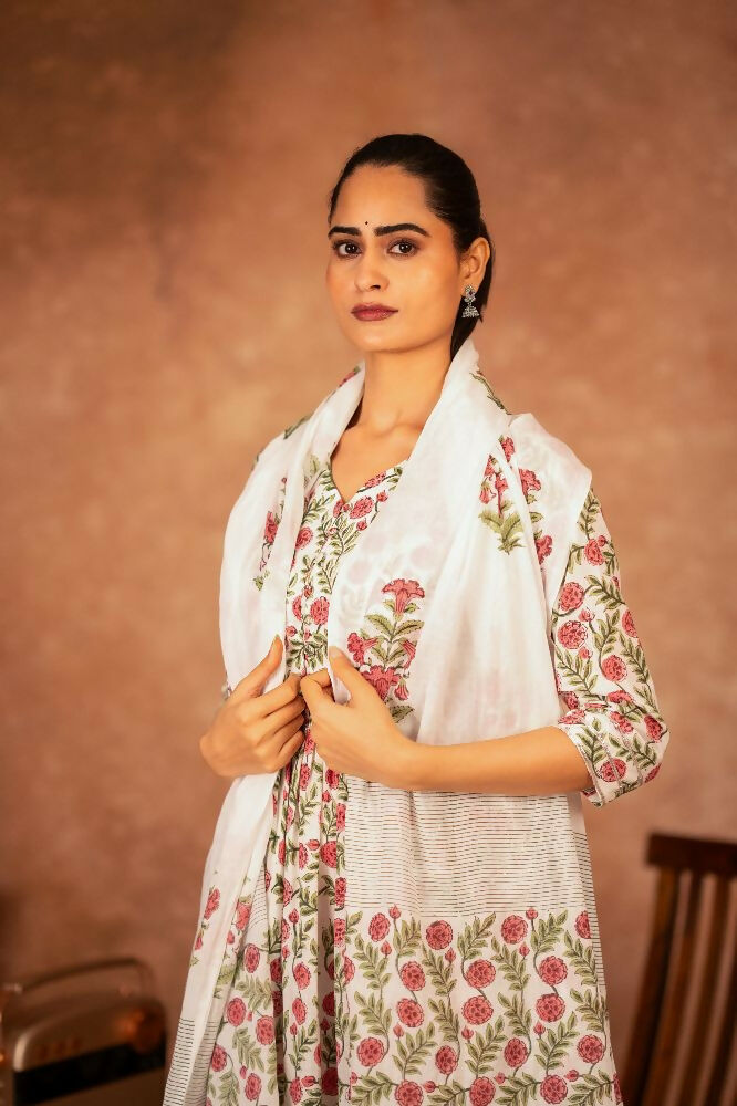 Joban Fashion Red Green Hand Block Printed Cotton Suit Set