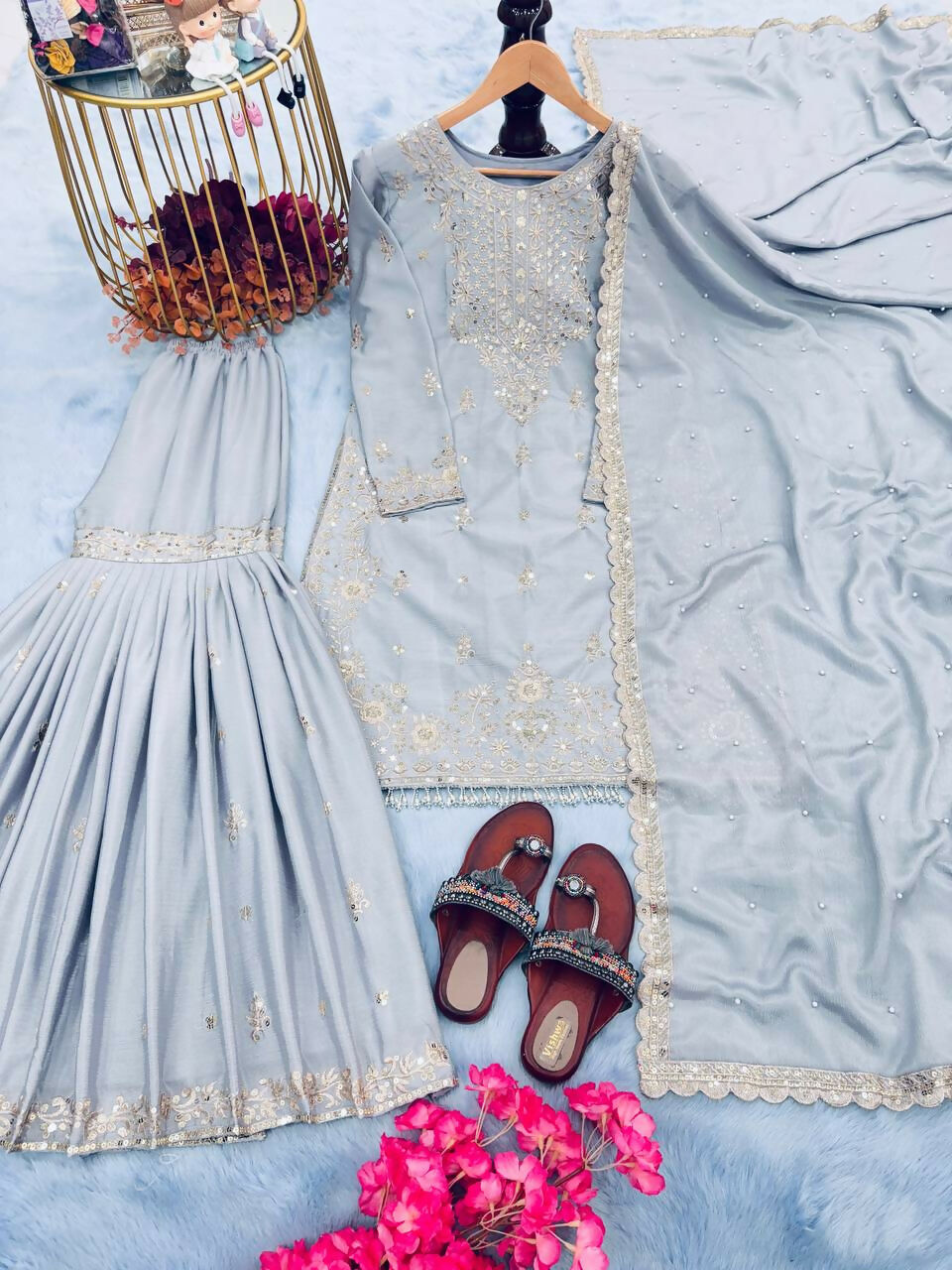 Teeya Creation Grey Color Chinnon Silk Embroidery Work Wedding Wear Salwar Suit
