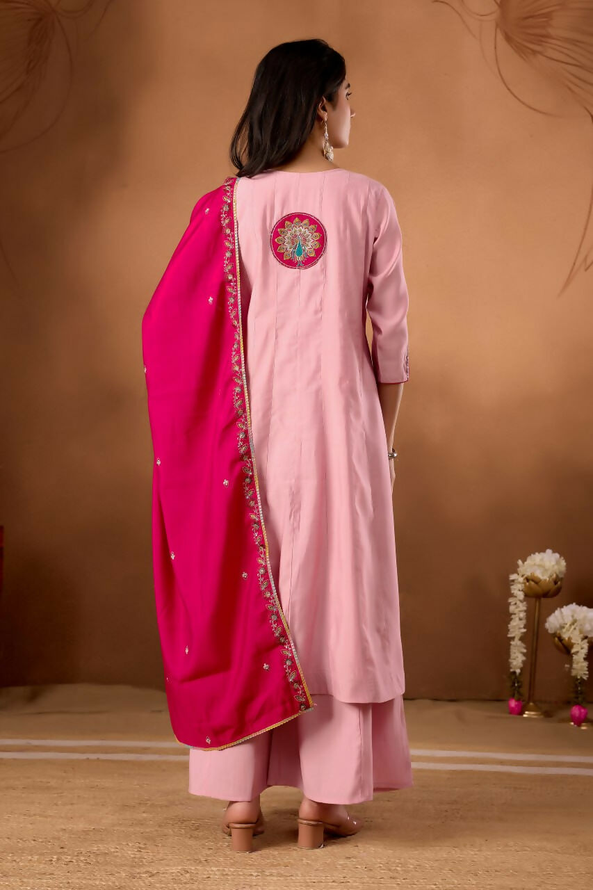 Lehenga Mart Designer Front-Slit Kurta, Paired With Wide-Leg Palazzo Pants And A Dupatta.-Rose Pink