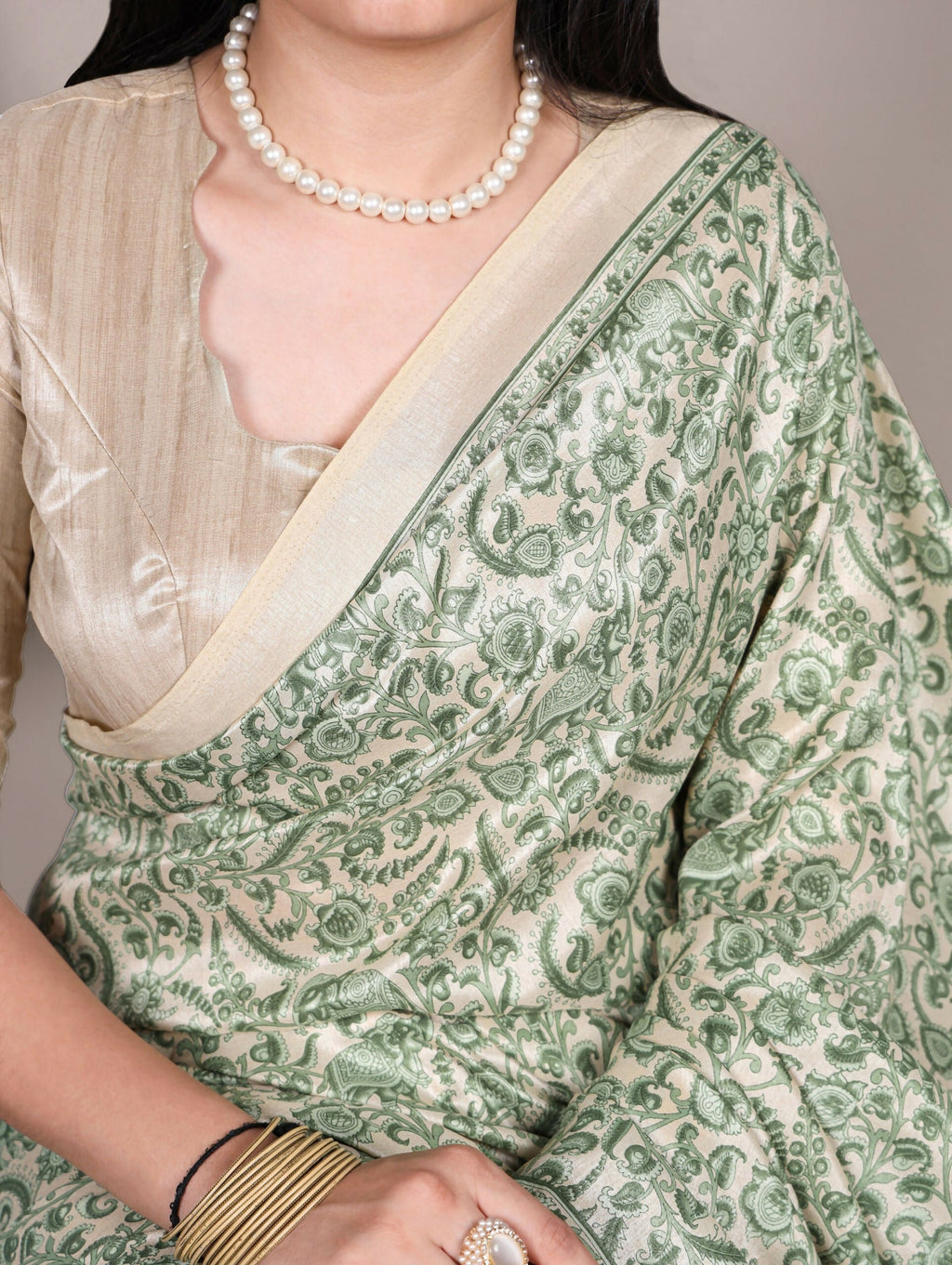Vastranavya Green Tussar Silk Printed Saree with Unstitched Blouse