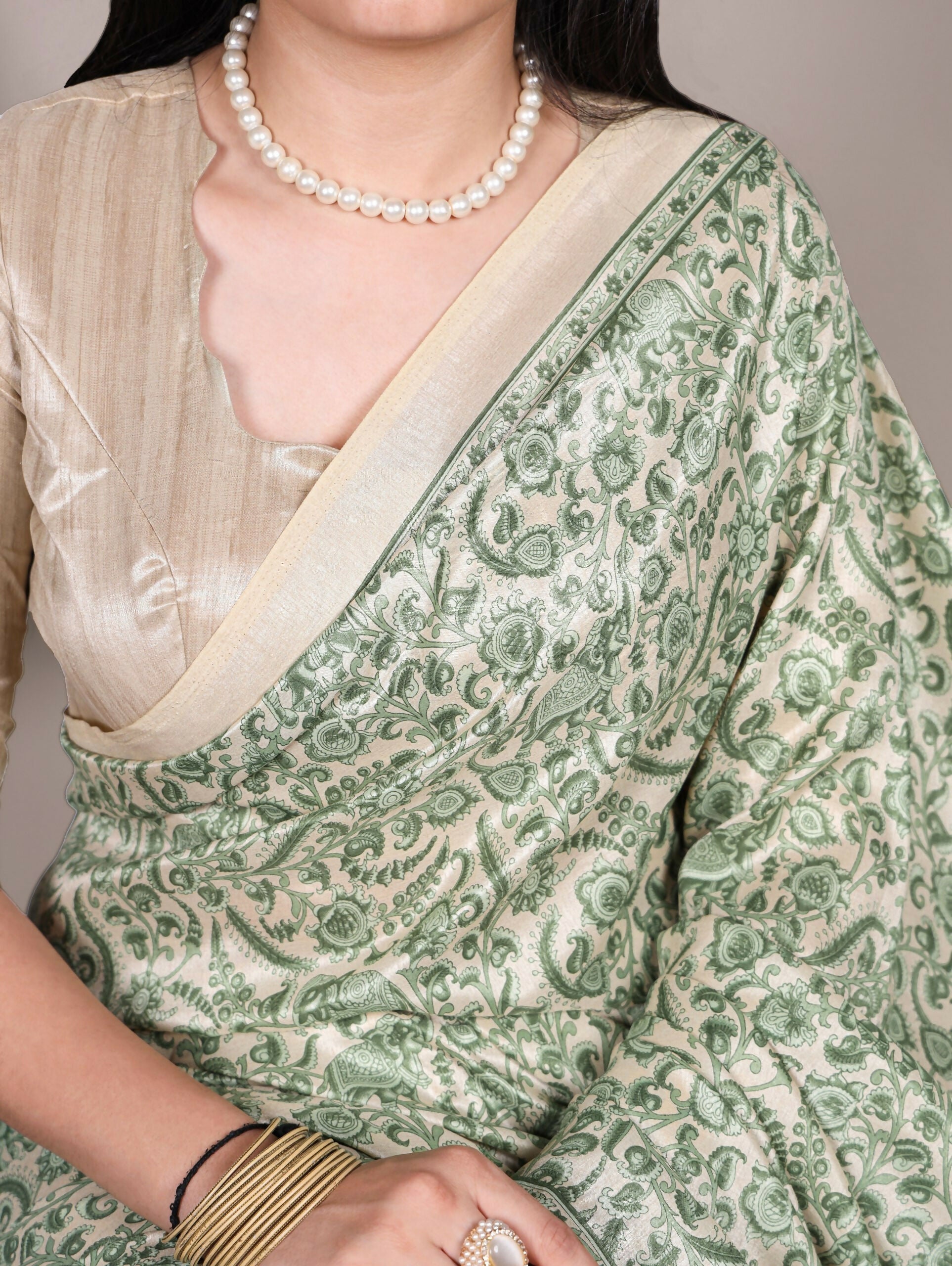 Vastranavya Green Tussar Silk Printed Saree with Unstitched Blouse