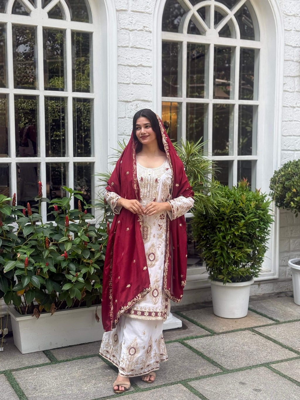 Teeya Creation White Color Chinon Silk Party Wear Trending Palazzo Set