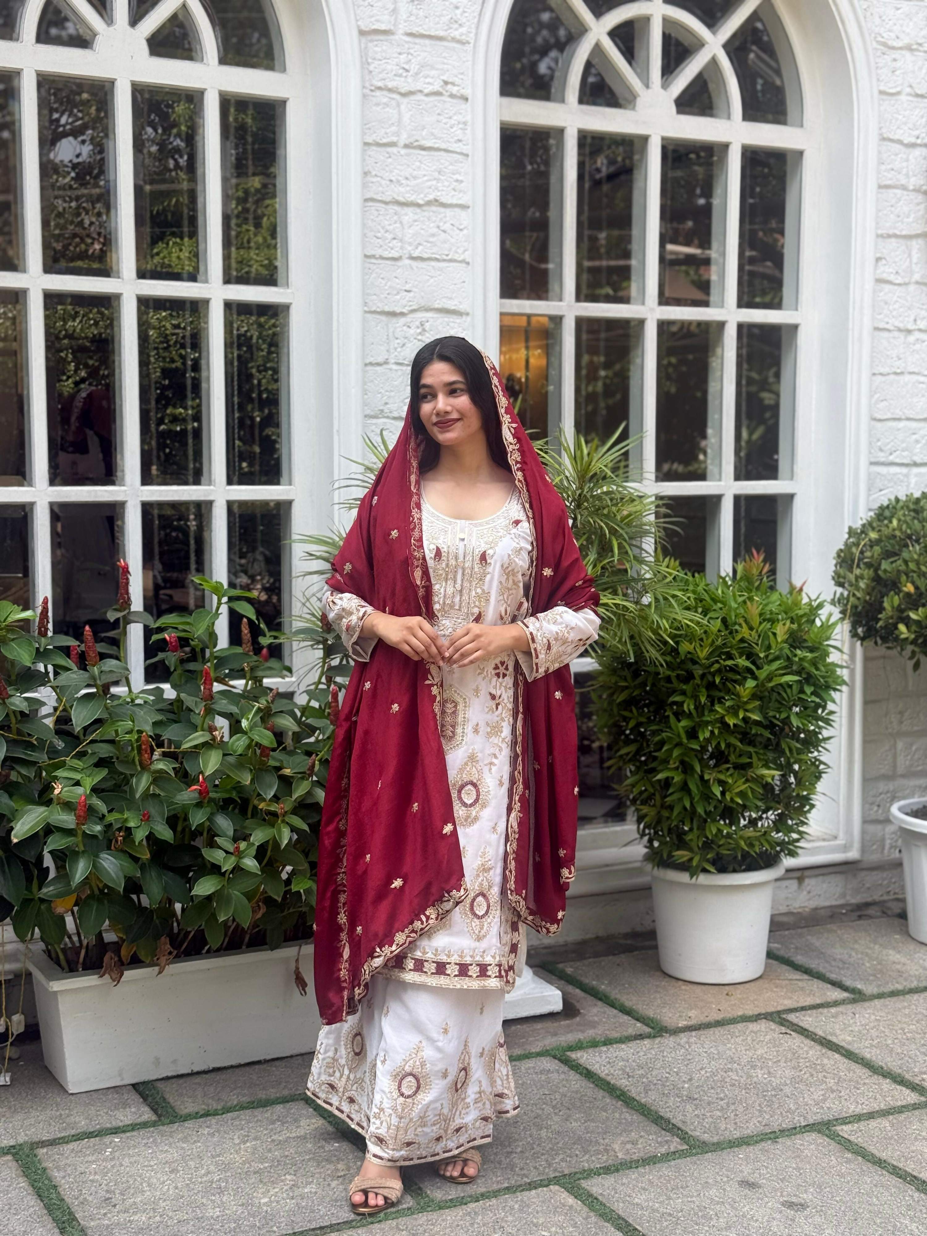 Teeya Creation White Color Chinon Silk Party Wear Trending Palazzo Set
