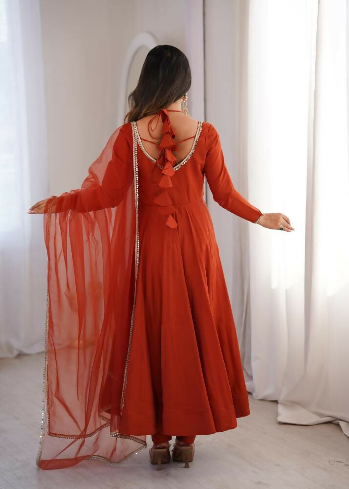 Lehenga Mart Designer Anarkali Suit With Kurta, Pant, Dupatta For Women-Rust
