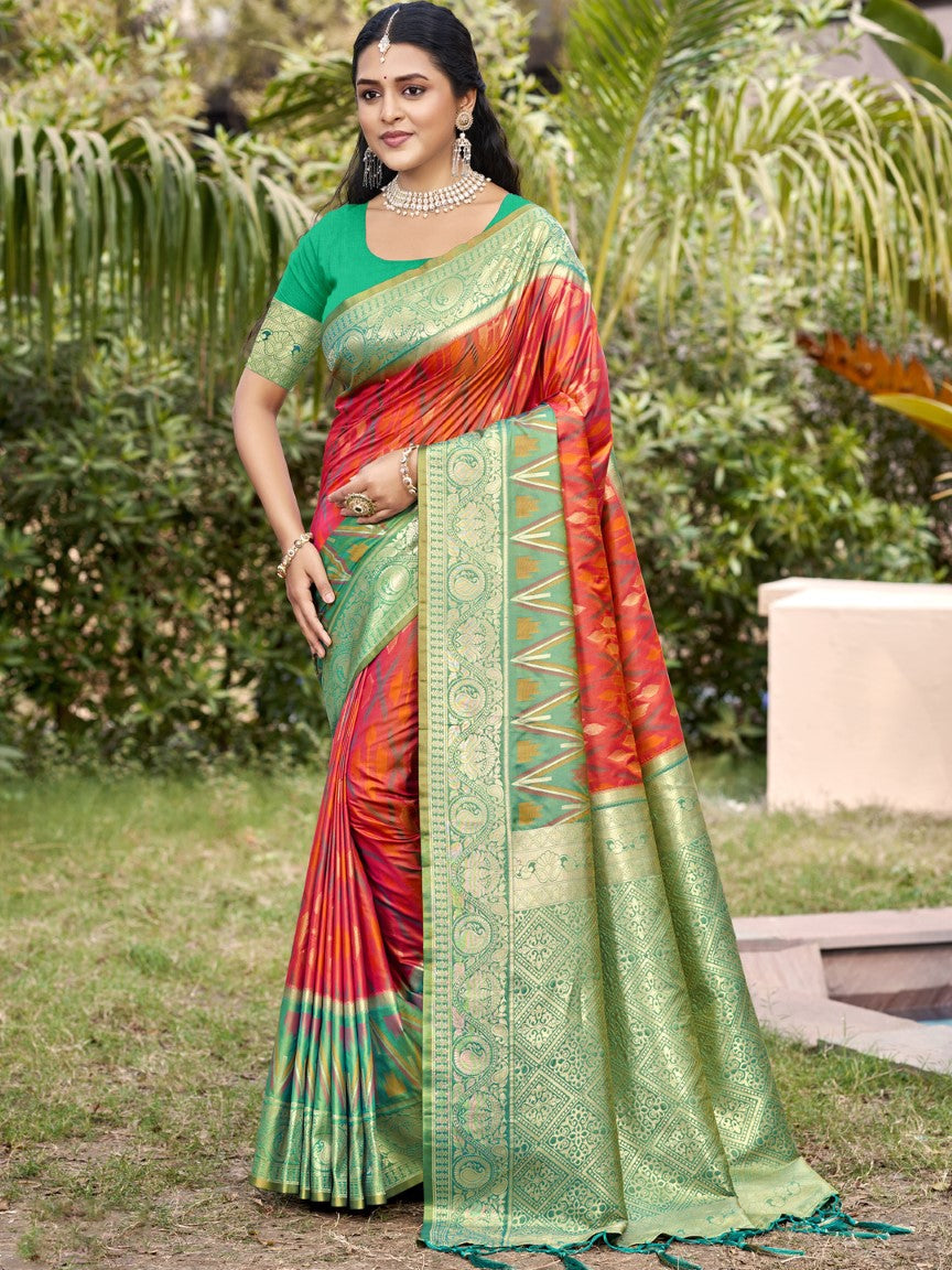 Anaita Coral Silk Saree With Blouse Piece