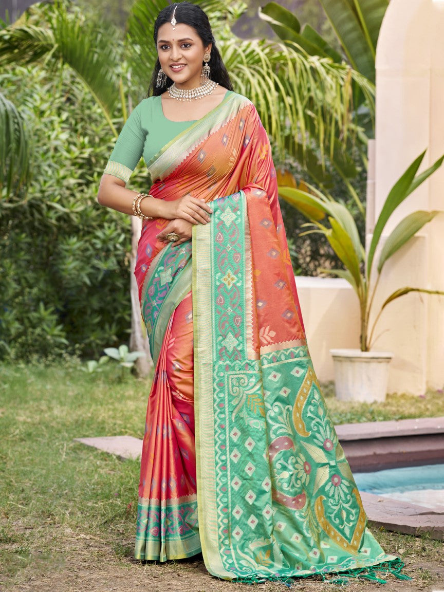 Anaita Coral Silk Saree With Blouse Piece