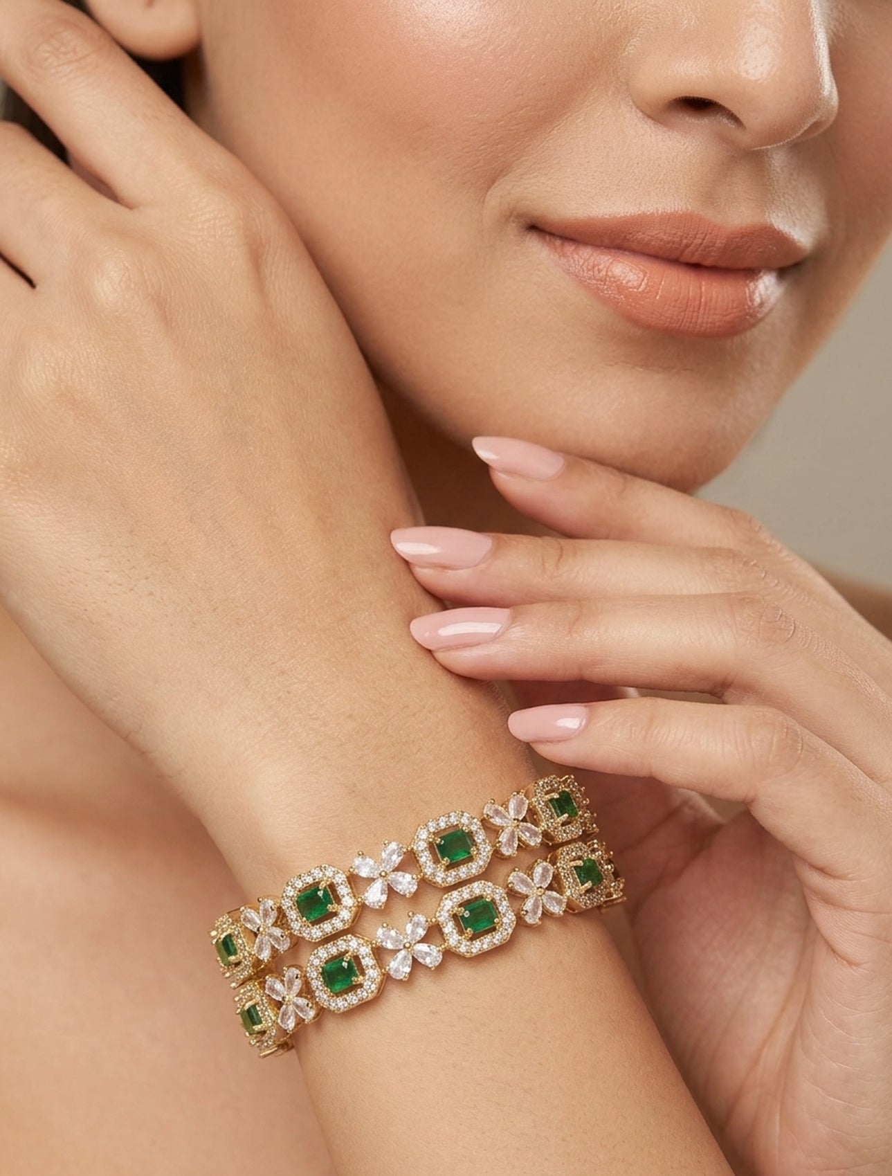 Jewel City Exquisite Emerald & Diamond Gold-Plated Floral Kada Green Bangles - Handcrafted Ethnic Jewelry for Weddings