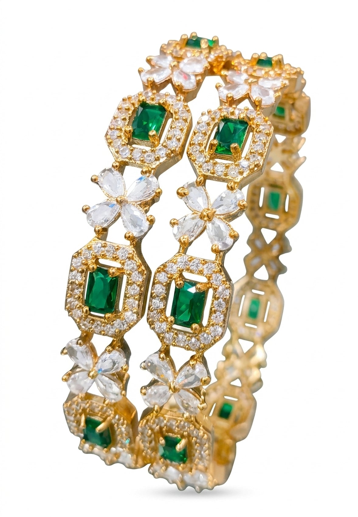 Jewel City Exquisite Emerald & Diamond Gold-Plated Floral Kada Green Bangles - Handcrafted Ethnic Jewelry for Weddings