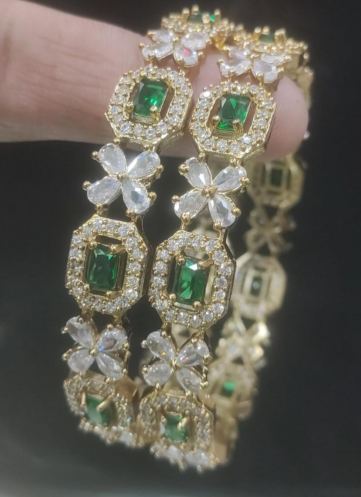 Jewel City Exquisite Emerald & Diamond Gold-Plated Floral Kada Green Bangles - Handcrafted Ethnic Jewelry for Weddings