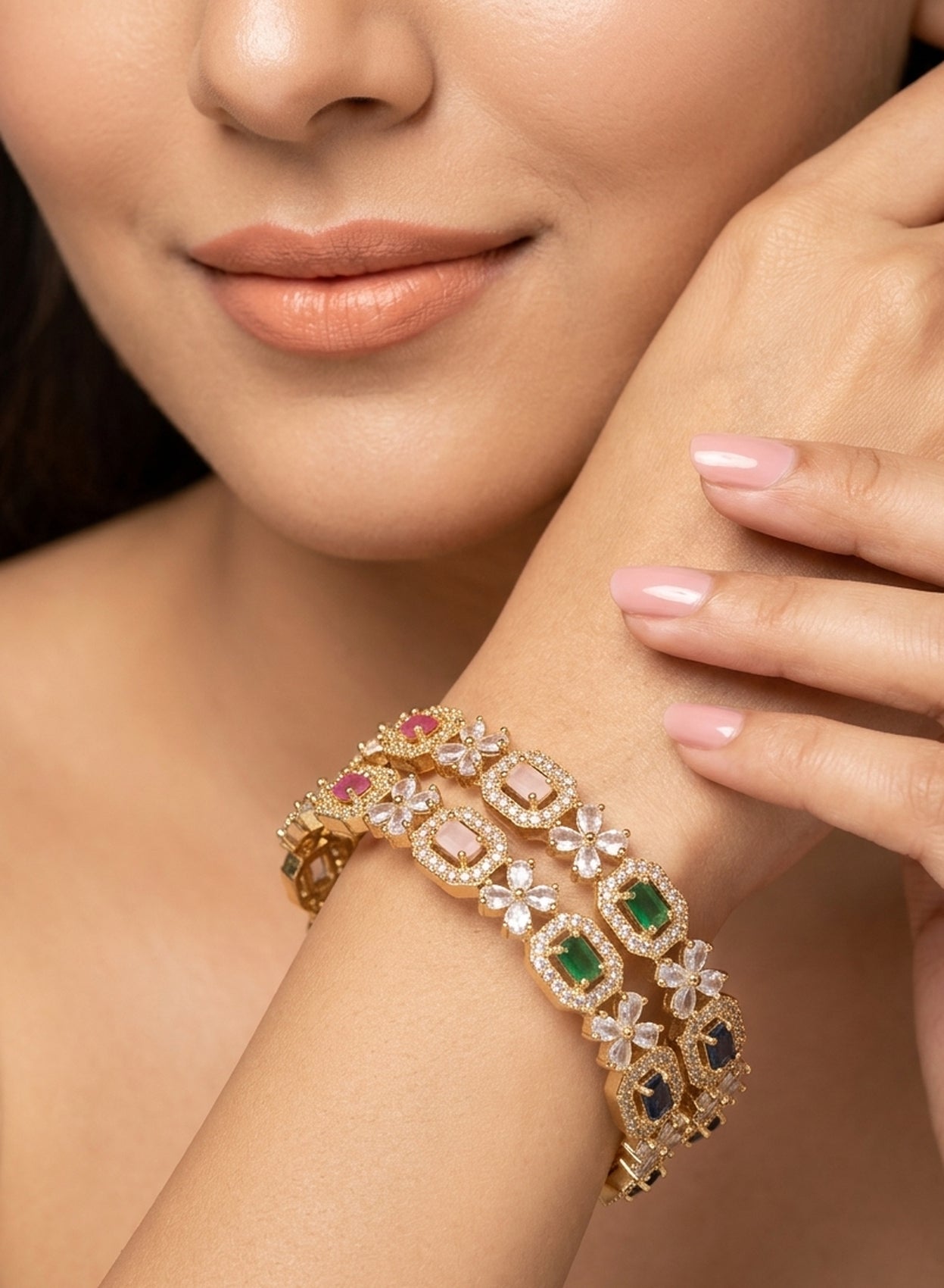 Jewel City Exquisite Emerald & Diamond Gold-Plated Floral Kada Multi-Color Bangles - Handcrafted Ethnic Jewelry for Weddings