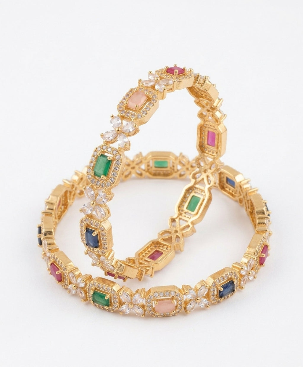 Jewel City Exquisite Emerald & Diamond Gold-Plated Floral Kada Multi-Color Bangles - Handcrafted Ethnic Jewelry for Weddings
