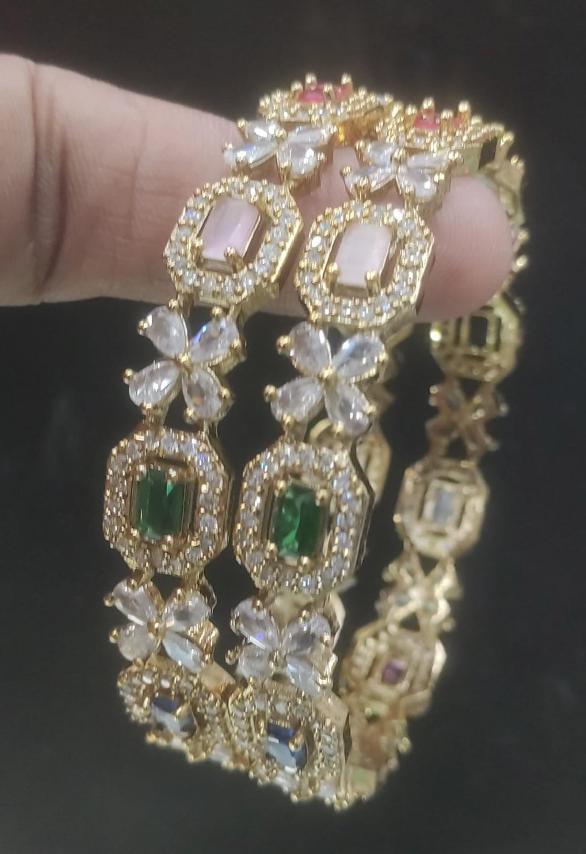 Jewel City Exquisite Emerald & Diamond Gold-Plated Floral Kada Multi-Color Bangles - Handcrafted Ethnic Jewelry for Weddings