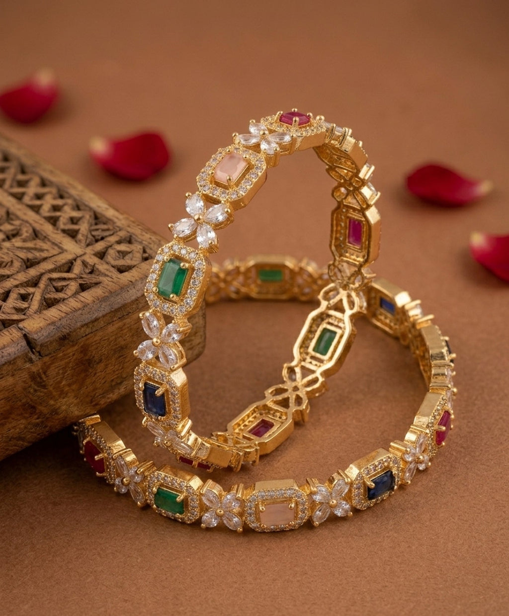 Jewel City Exquisite Emerald & Diamond Gold-Plated Floral Kada Multi-Color Bangles - Handcrafted Ethnic Jewelry for Weddings