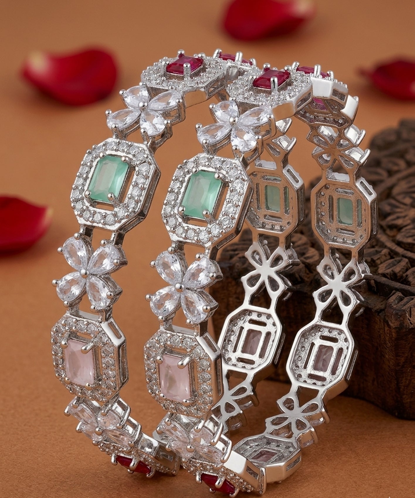 Jewel City Exquisite Emerald & Diamond Gold-Plated Floral Kada Bangles - Handcrafted Ethnic Jewelry for Weddings