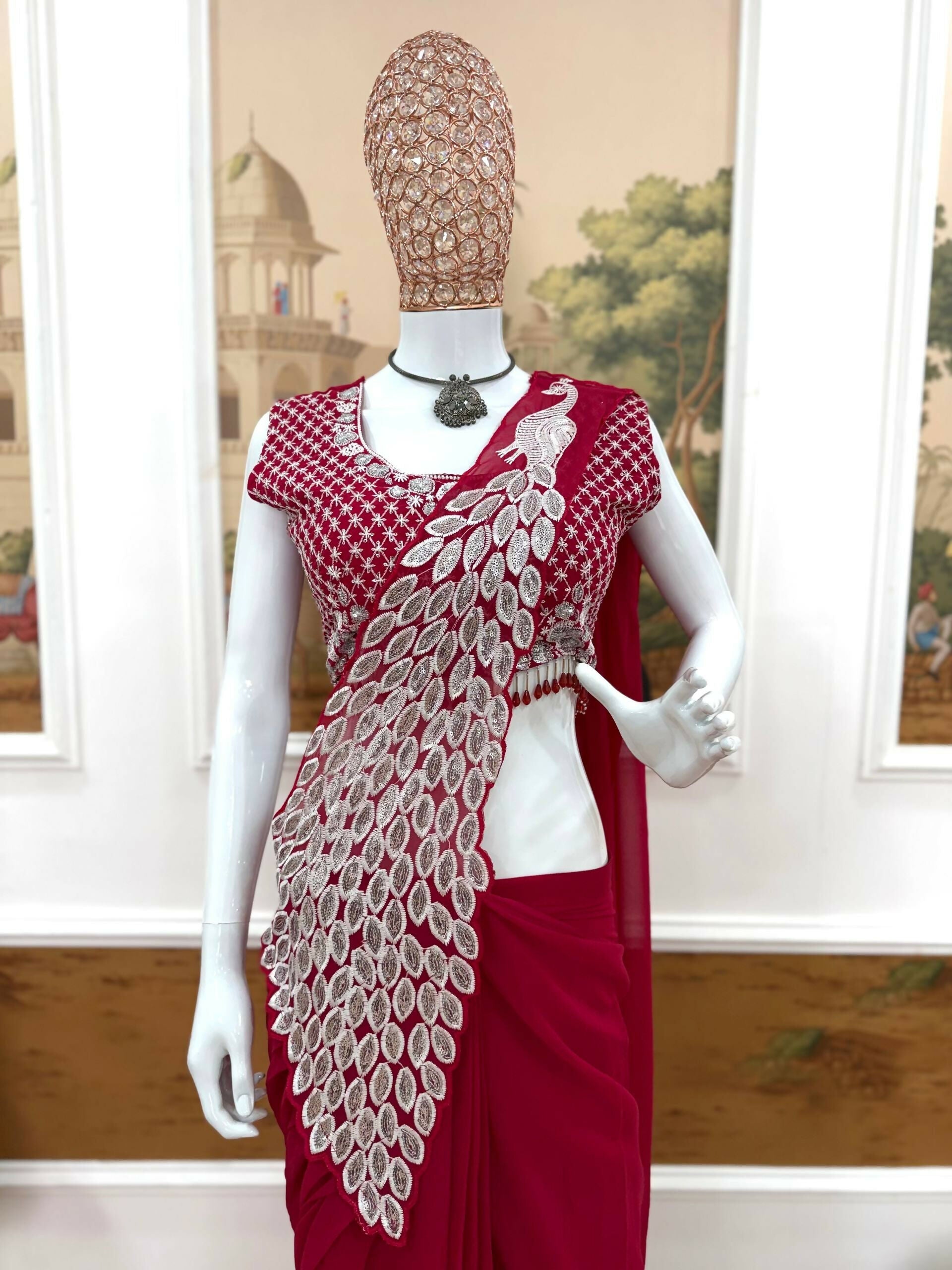Teeya Creation Rani Color Faux Georgette Embroidery Work Party Wear Ready To Wear Saree