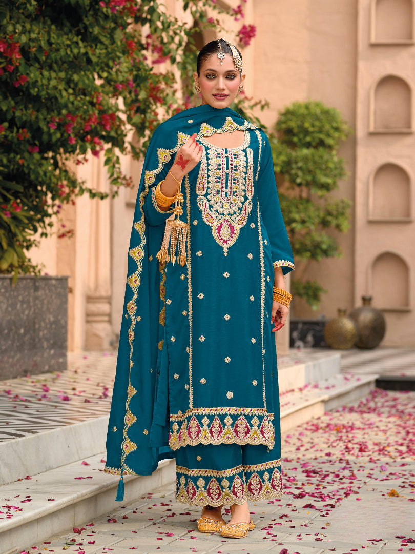 Anaita Teal Premium Embroidered Chiffon Salwar Suit