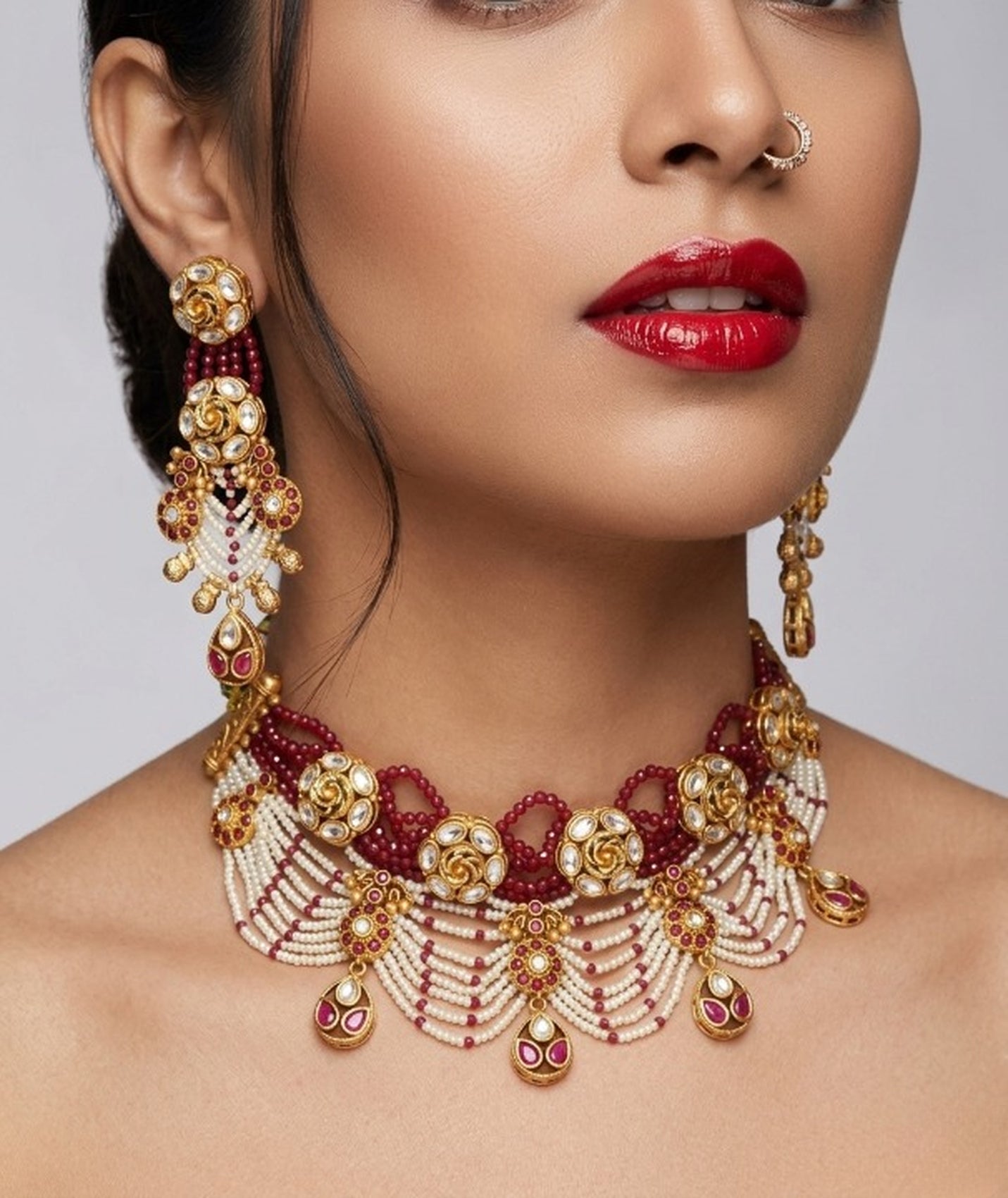 Jewel City Handcrafted Kundan & Ruby Bead Choker Set | Traditional Indian Gold-Plated Bridal Jewelry