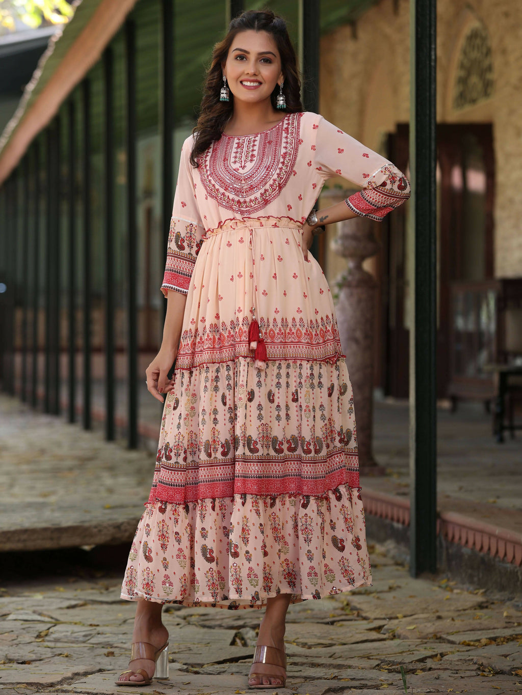 Juniper Women's Peach Georgette Floral Embroderied Maxi Dress