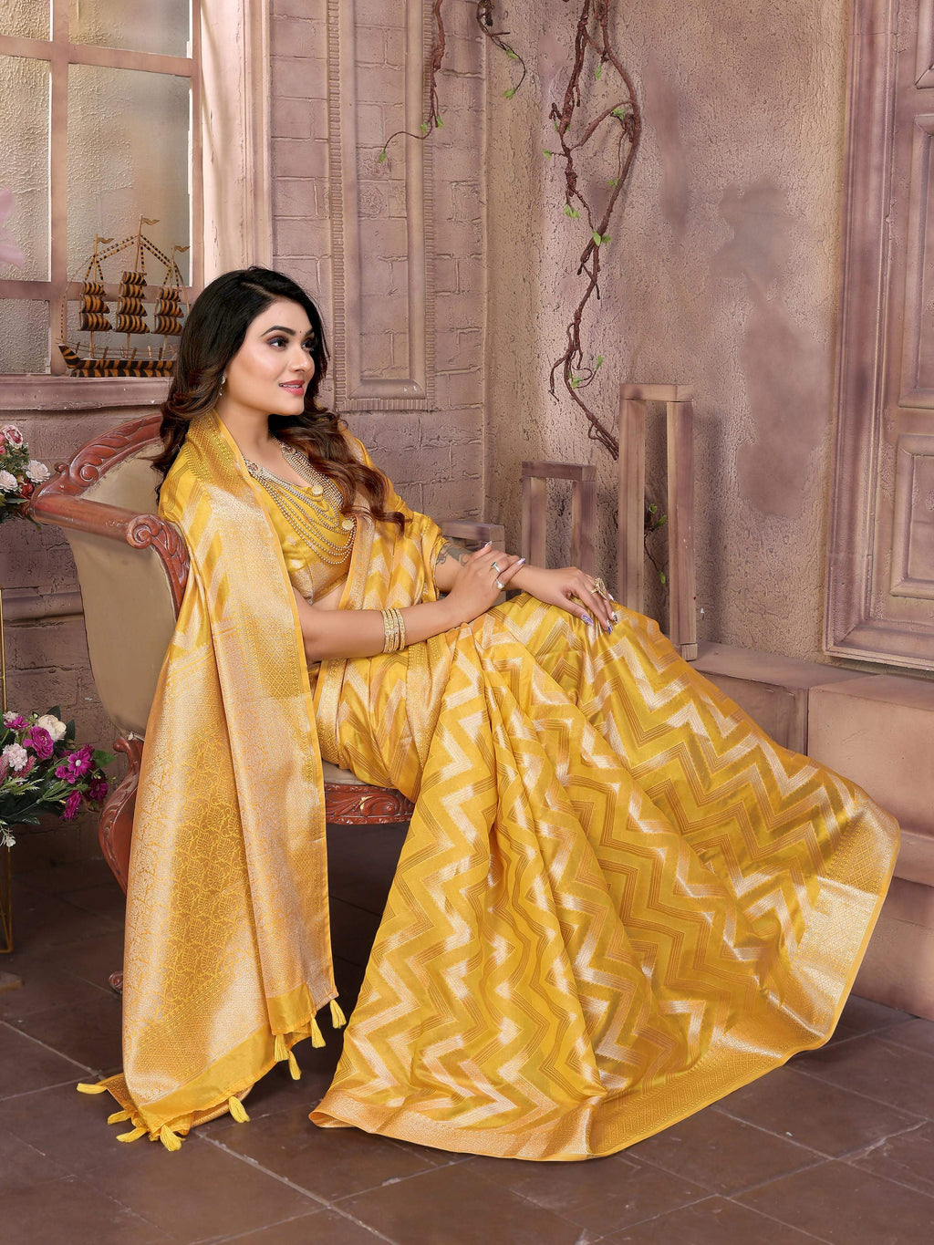 Aastha Fashion Yellow Soft Organza Silk Weaving Saree