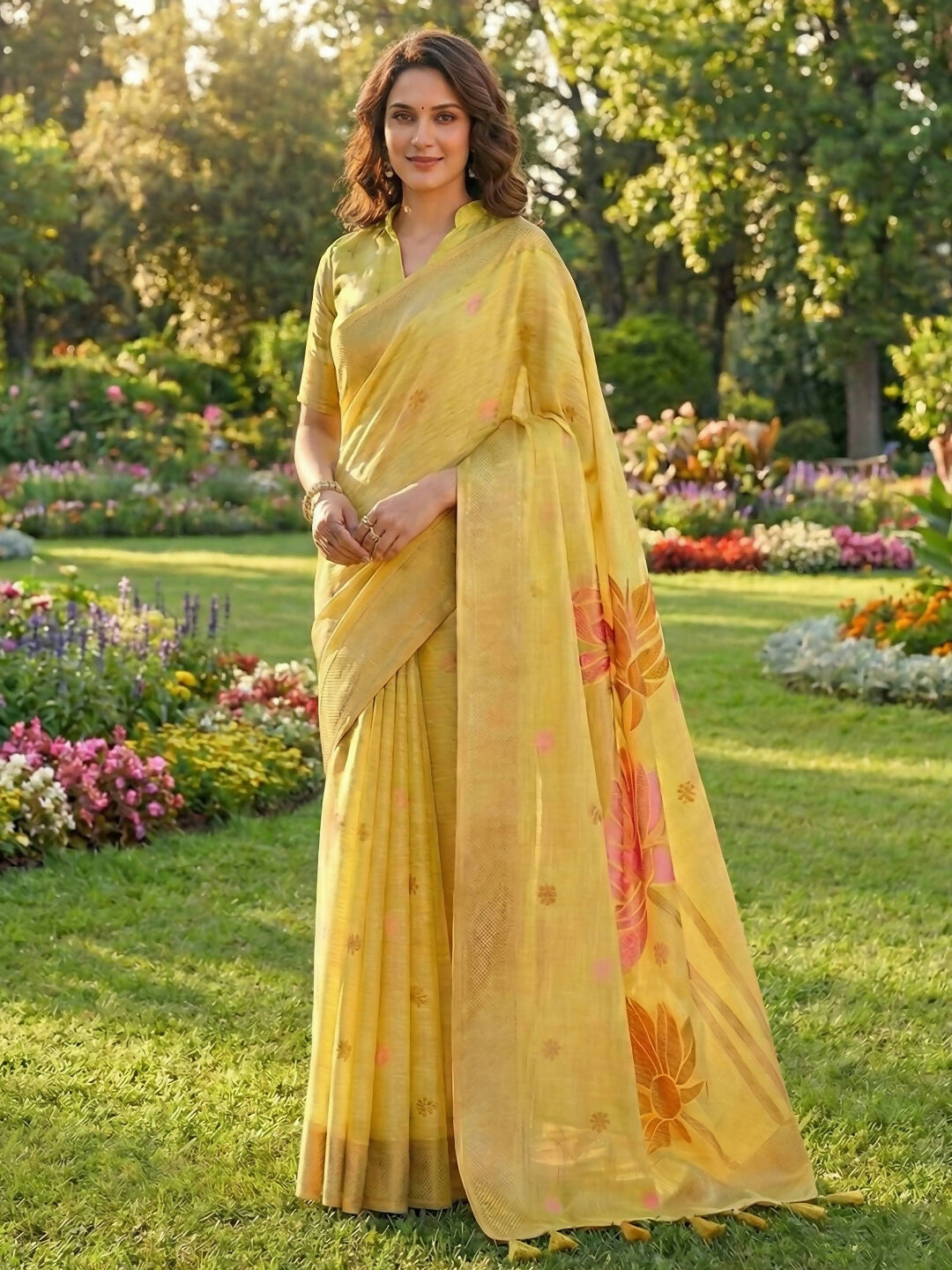 Shree Shyam Fashion Yellow Linen Cotton Saree