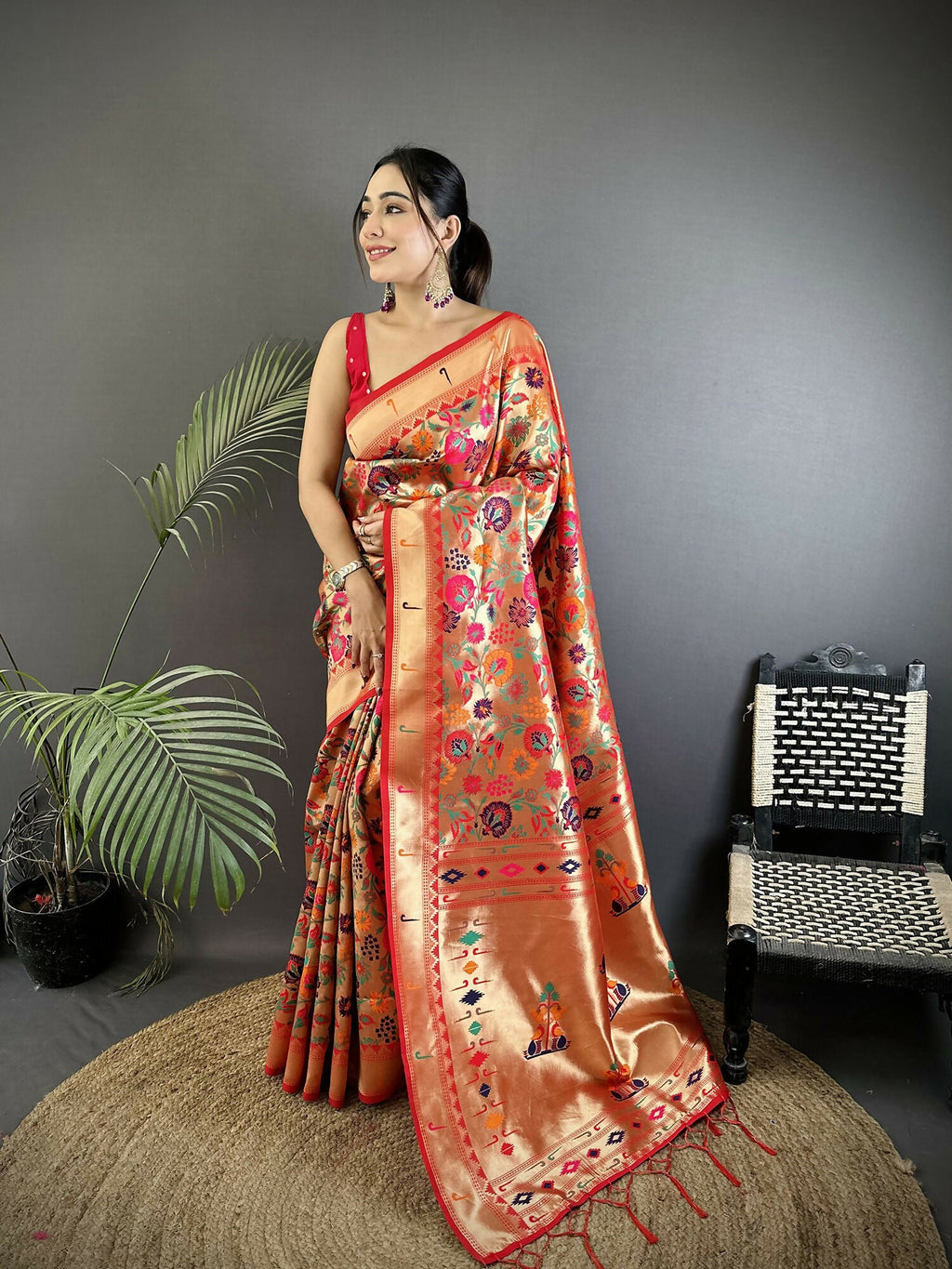 Joban Fashion Orange Floral & Potentially Peacock Soft Silk Paithani Saree