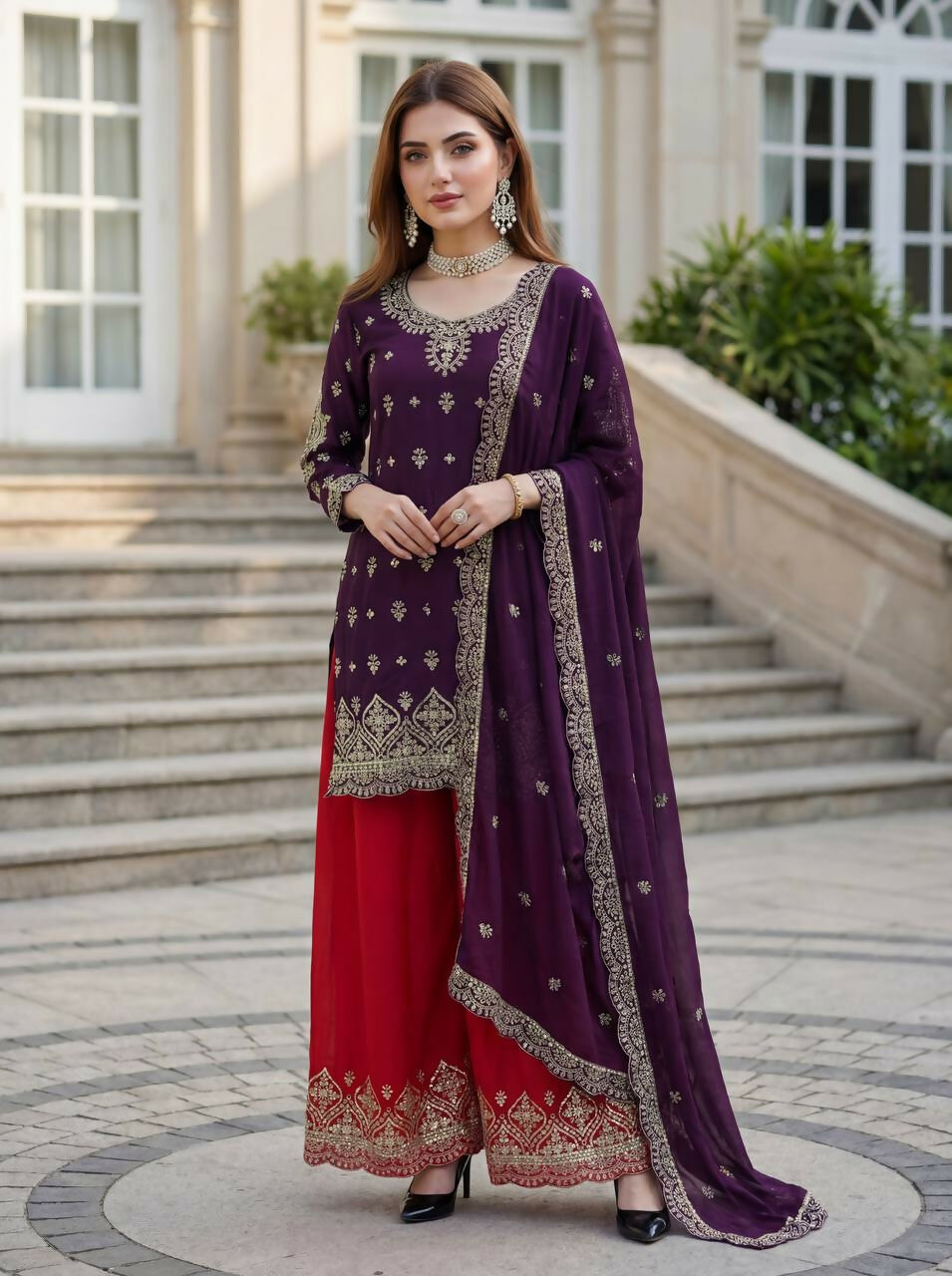 Joban Fashion Purple Silk Embroidered Sharara Set
