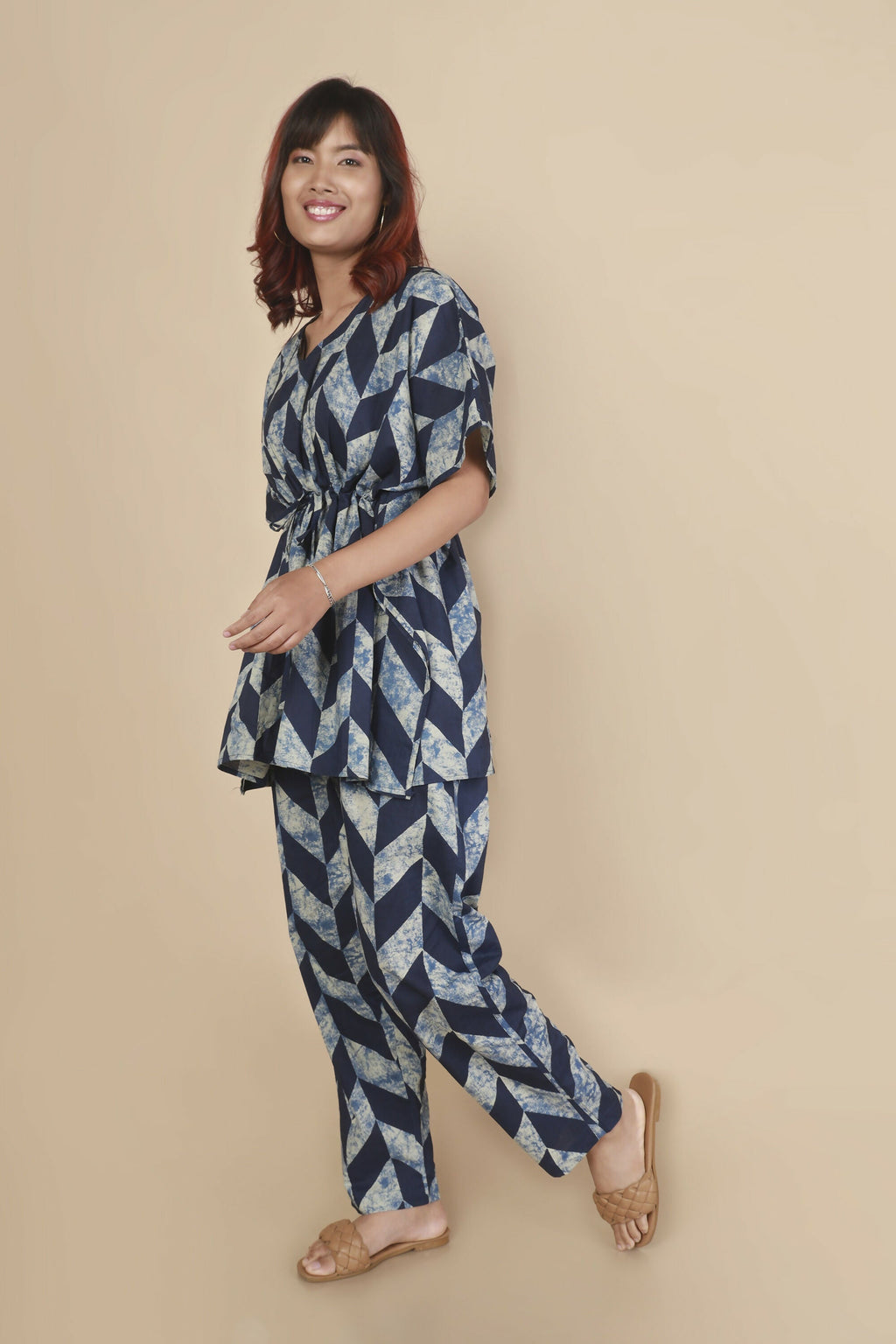 Breathables Women’S Loungewear Kaftan Cotton Blue Abstract Print Co-Ord Set