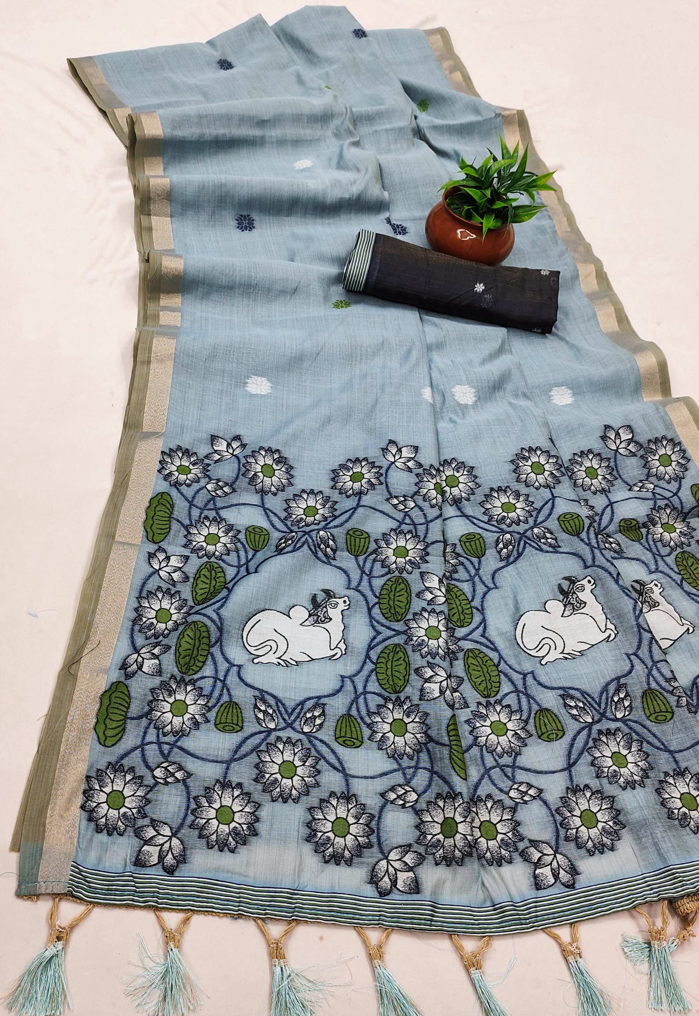 Vastranavya Sky Blue Muga Cotton Meenakari & Azarakh Pallu Saree with Contrast Blouse