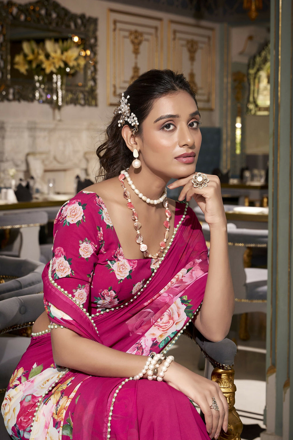 Vastranavya Pink Spectacular Georgette Printed with Pearl Lace Saree with Unstitched Blouse