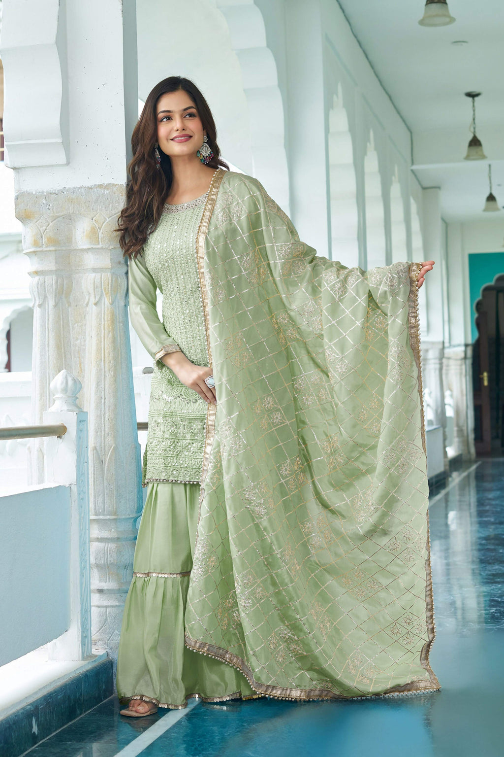 Joban Fashion Pista Kurta Set Chinon Silk Embroidery Sequence Work
