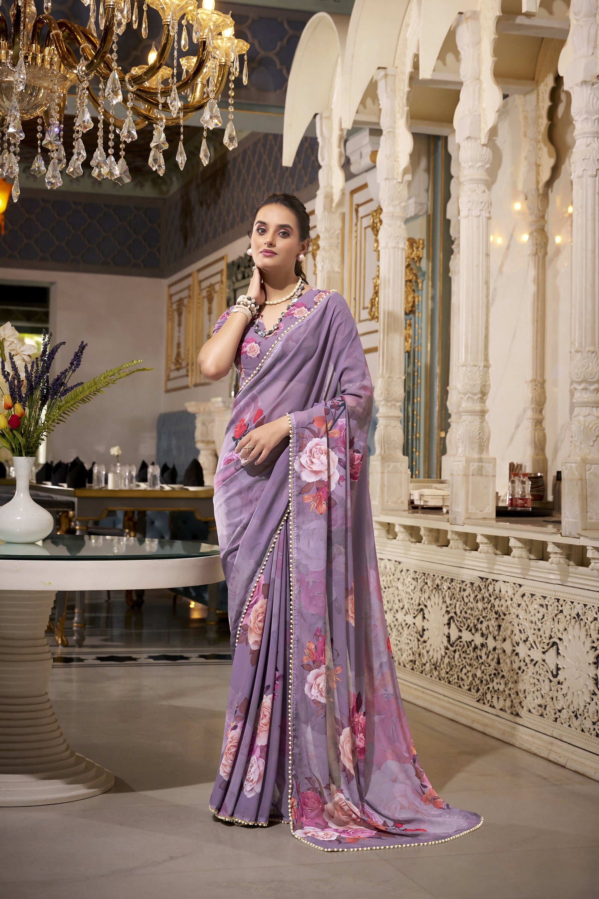 Vastranavya Grey Spectacular Georgette Printed with Pearl Lace Saree with Unstitched Blouse