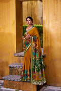 Vastranavya Mustard Viscose Chanderi Kalamkari Print with Zari Working Saree & Unstitched Blouse