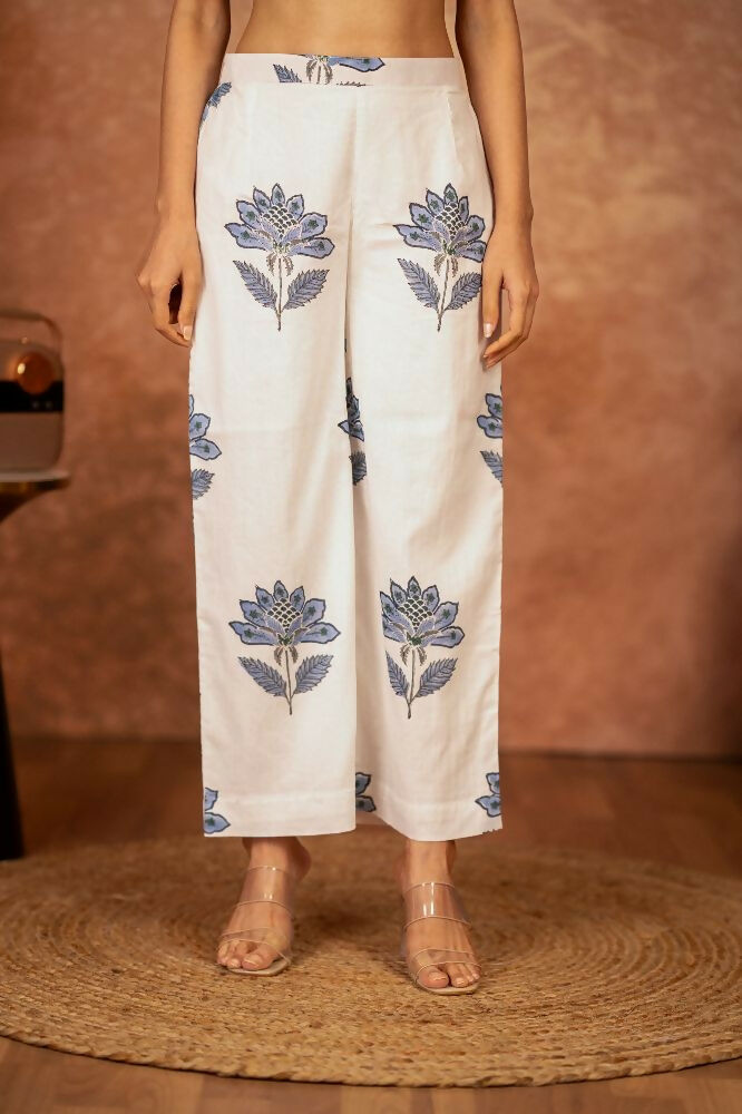Joban Fashion Off White Blue Hand Block Printed Cotton Suit Set