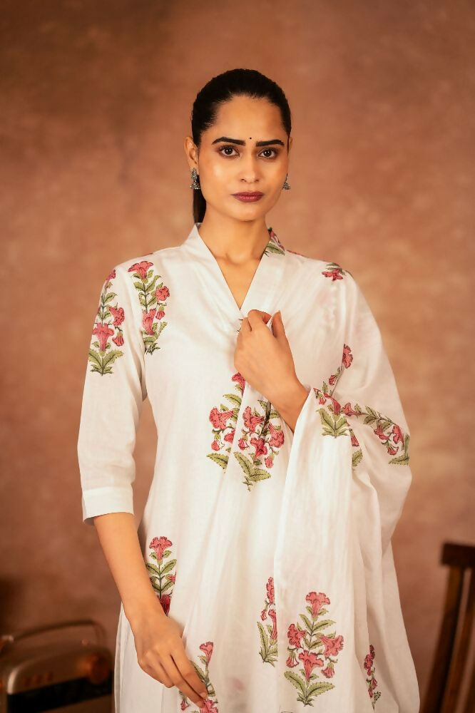 Joban Fashion Off White Pink Hand Block Printed Cotton Suit Set