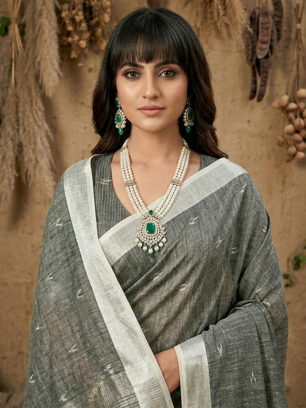 Shree Shyam Fashion Gray Linen Cotton Saree
