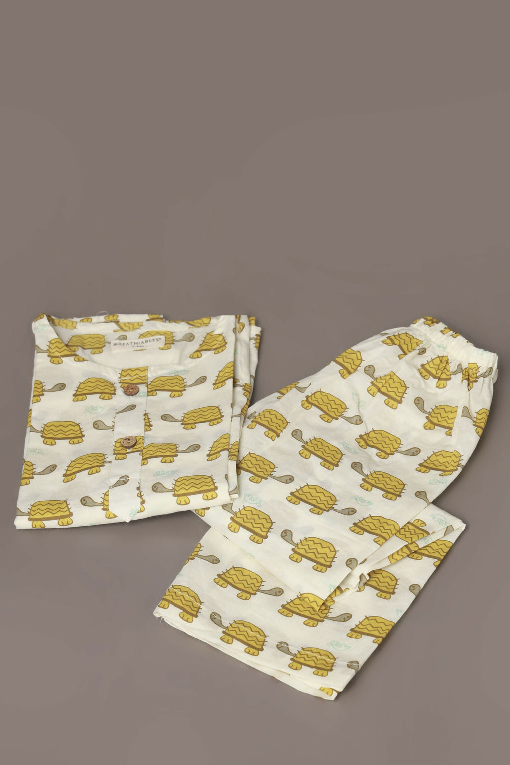 Breathables Kids Cotton Turtle Print Co-Ord Night Suit With Kurta And Pyjama – White & Yellow