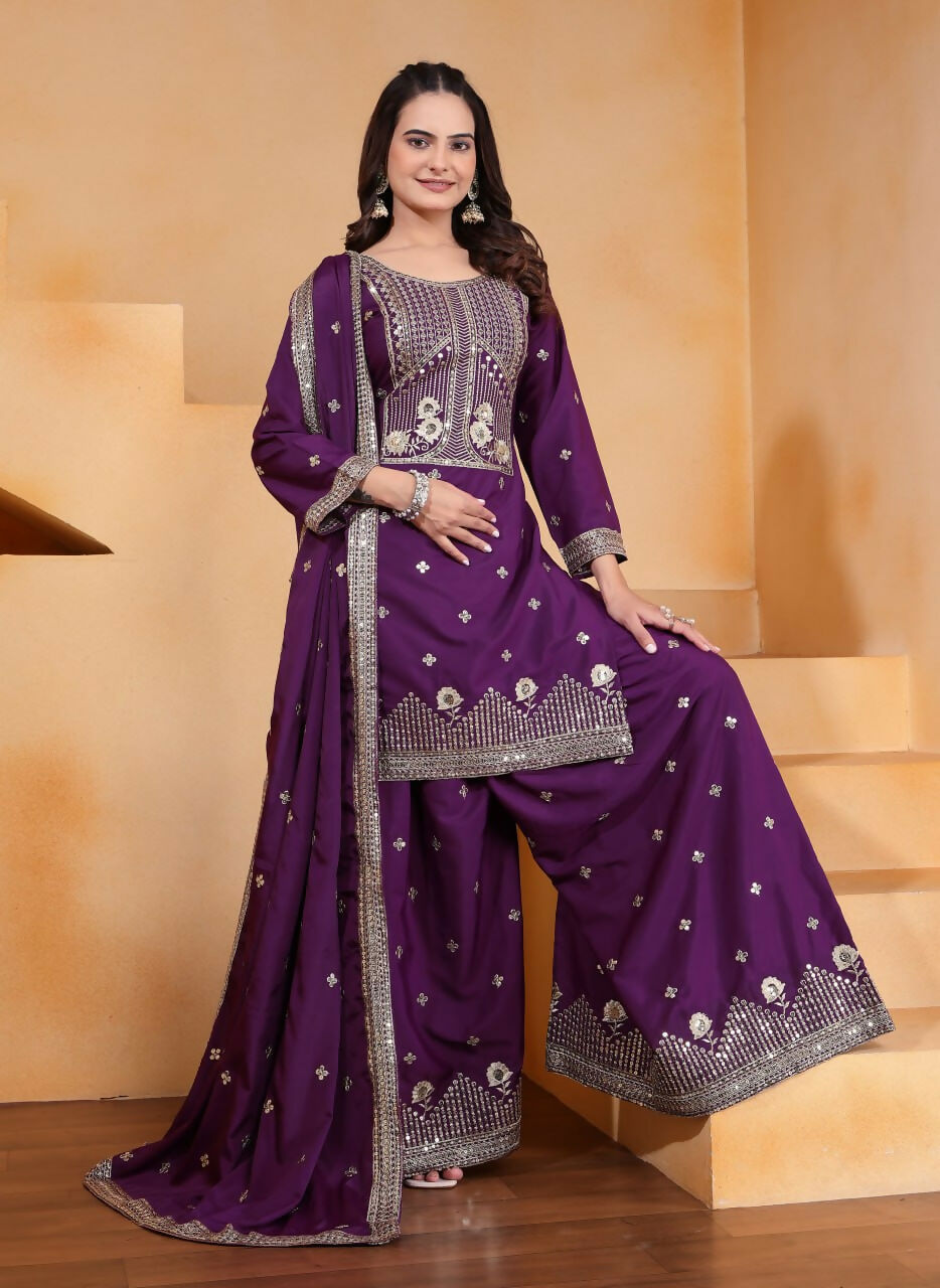 Teeya Creation Wine Color Natural Crepe Silk Wedding Wear Trending Palazzo Set