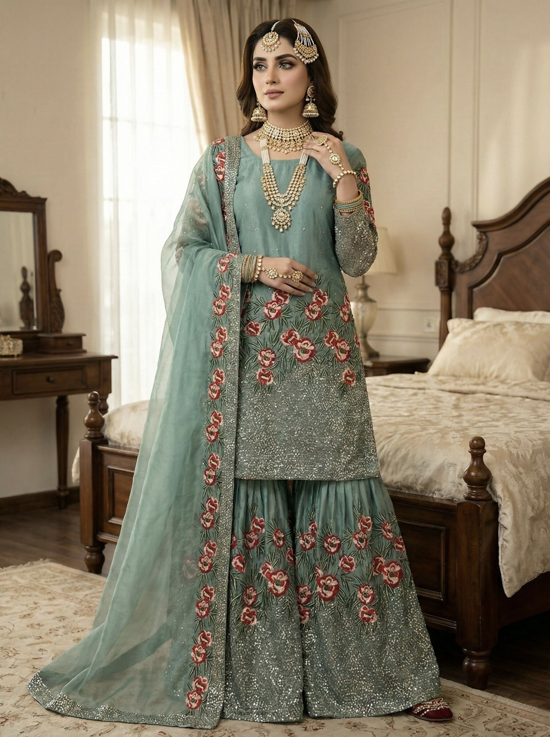 Teeya Creation Teal Fendy Silk Heavy Embroidery Work Party Wear Sharara Suit