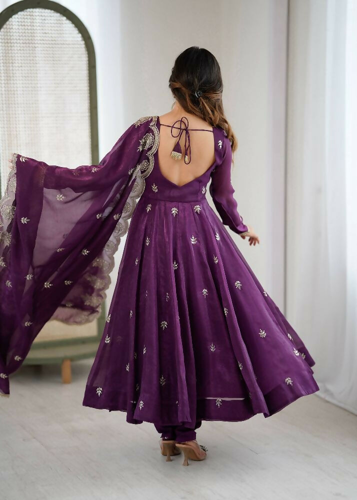 Teeya Creation Wine Color Crunchy Silk Embroidery Work Wedding Wear Gown