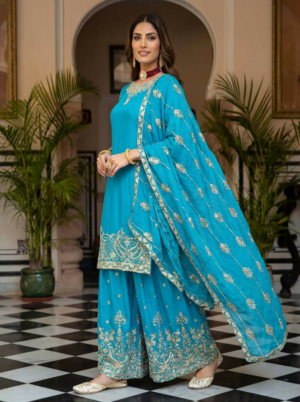 Joban Fashion Sky Silk Embroidered Sharara Set